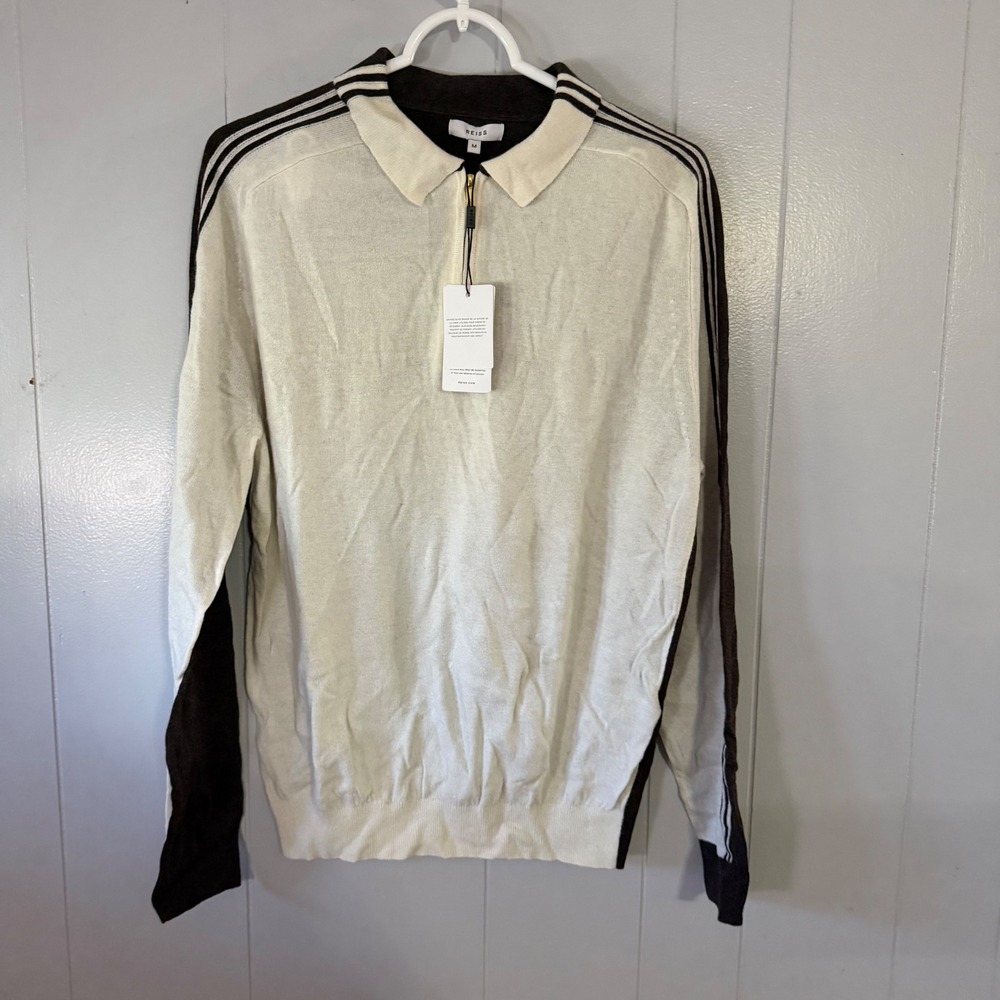 Reiss Silverthorn Knit Polo‎ Mens M Chocolate Cream Quarter Zip Stripe Sweater
